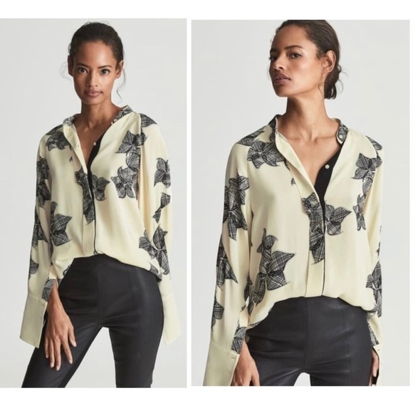 Reiss Tops - Reiss Harris Floral-Sketch Print Satin Button Down Oversized Mens Wear Blouse 0